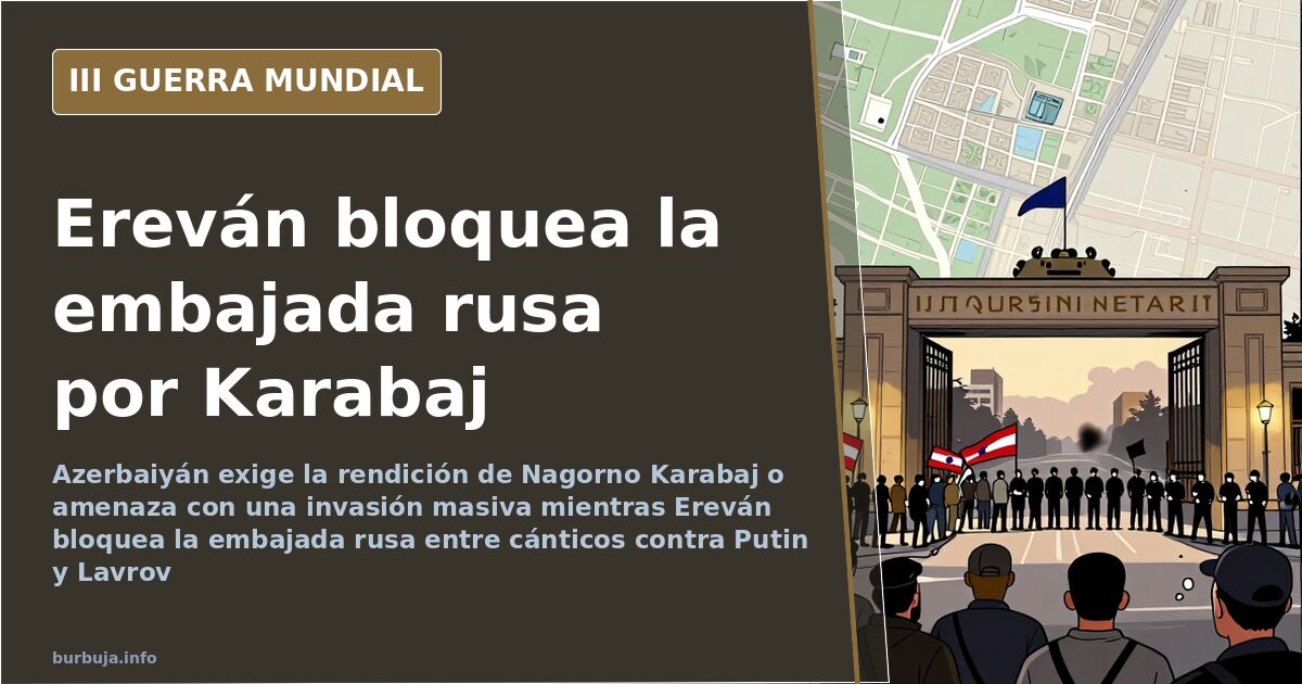 Silueta de manifestantes frente a la embajada rusa en Ereván con humo lejano sobre Nagorno Karabaj