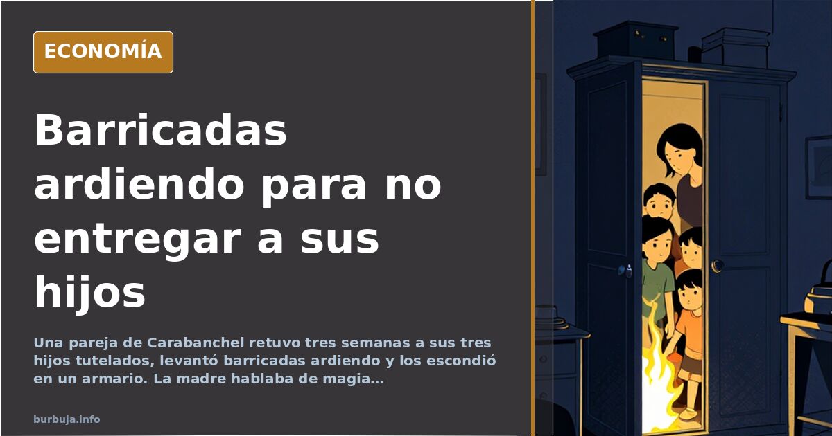 Ilustración editorial de una puerta de vivienda con barricada de colchones ardiendo y agentes policiales durante un desalojo 
