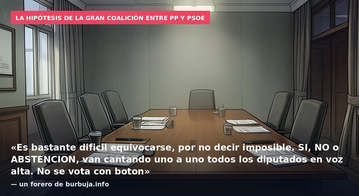 La hipótesis de la gran coalición entre PP y PSOE: «Es bastante dificil equivocarse, por no decir imposible. SI, NO o ABSTENCION, van cantando uno a uno todos los diputados en voz alta. No se vota con boton» — un forero de burbuja.info