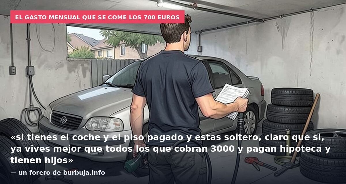 El gasto mensual que se come los 700 euros: «si tienes el coche y el piso pagado y estas soltero, claro que si, ya vives mejor que todos los que cobran 3000 y pagan hipoteca y tienen hijos» — un forero de burbuja.info