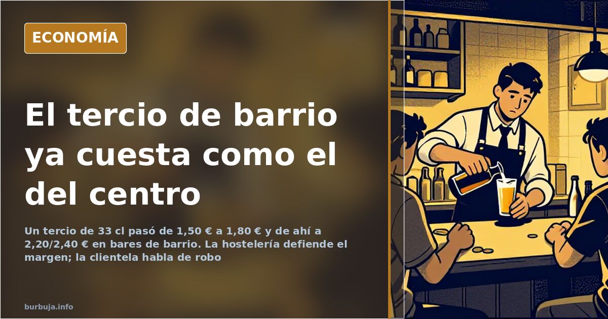 Barra de bar de barrio con un tercio de cerveza de 33 cl, vasos de vino y una cesta de palmeritas sobre el mostrador