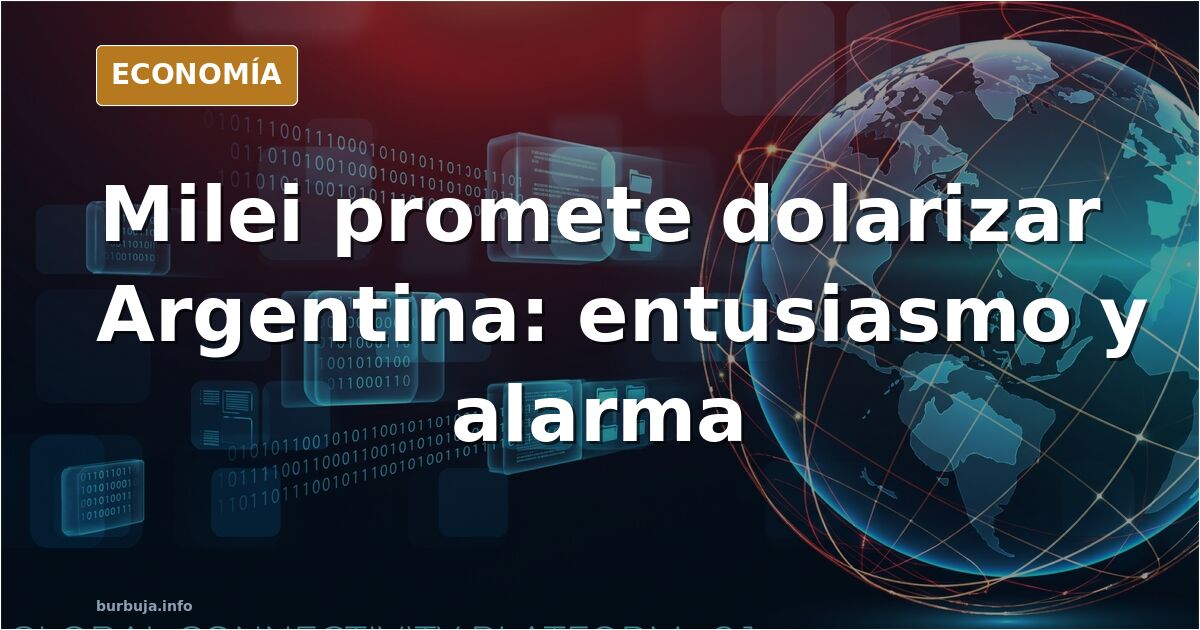 Ilustración editorial sobre la dolarización de Argentina con billetes de peso, gráficos de inflación y fondo azul marino