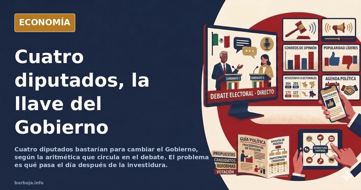 Ilustración editorial de un hemiciclo con cuatro escaños vacíos y una balanza de votos en azul marino y dorado