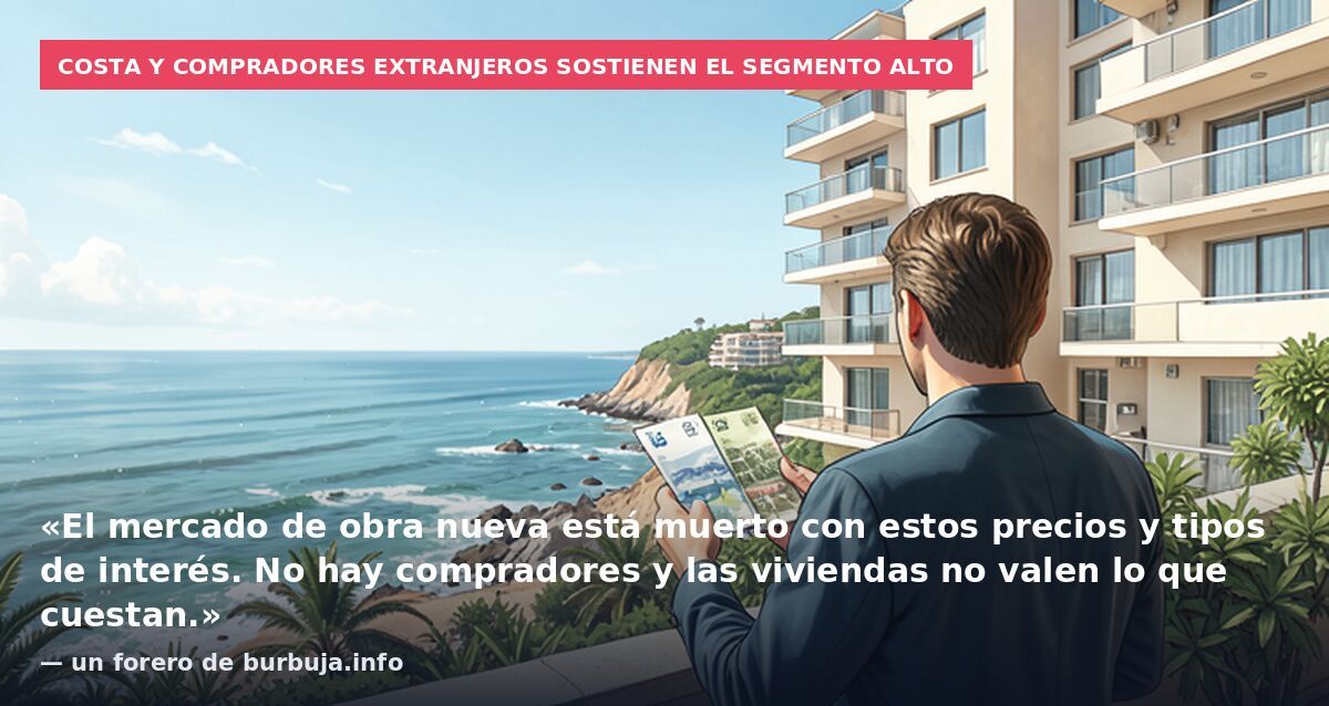 Costa y compradores extranjeros sostienen el segmento alto: «El mercado de obra nueva está muerto con estos precios y tipos de interés. No hay compradores y las viviendas no valen lo que cuestan.» — un forero de burbuja.info