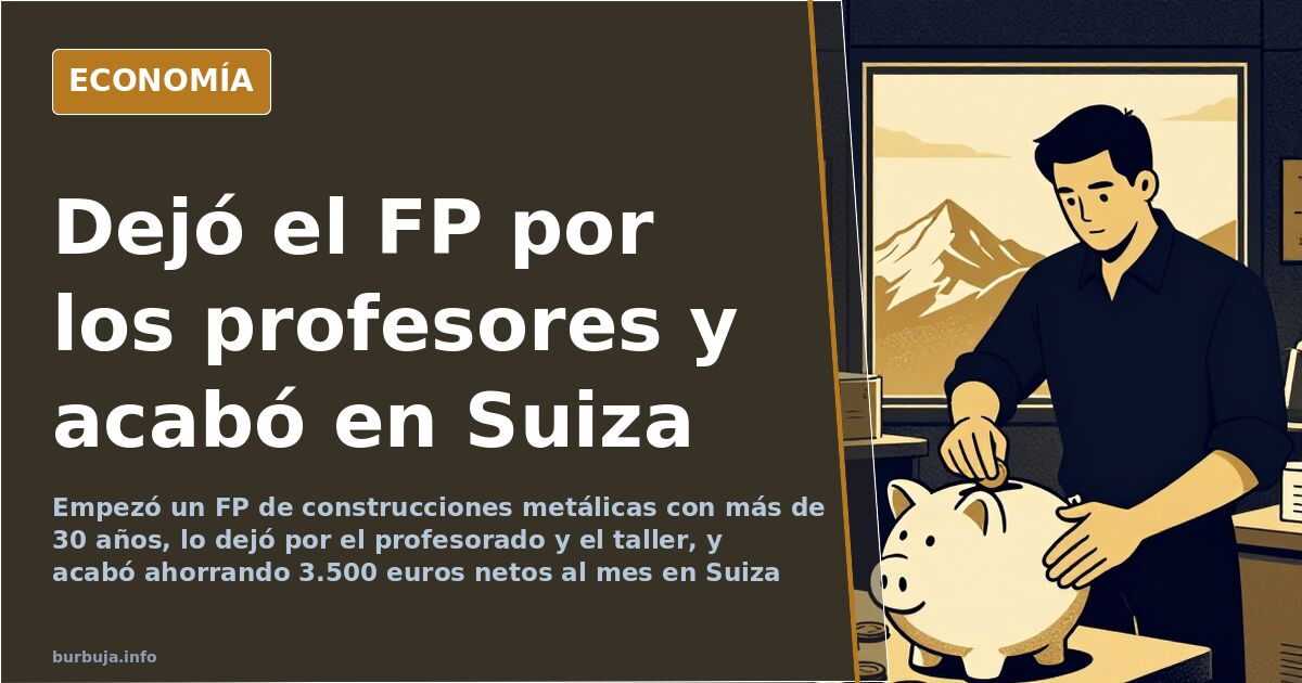 Trabajador de más de treinta años en un taller de FP con una máquina CNC y piezas metálicas sobre la mesa