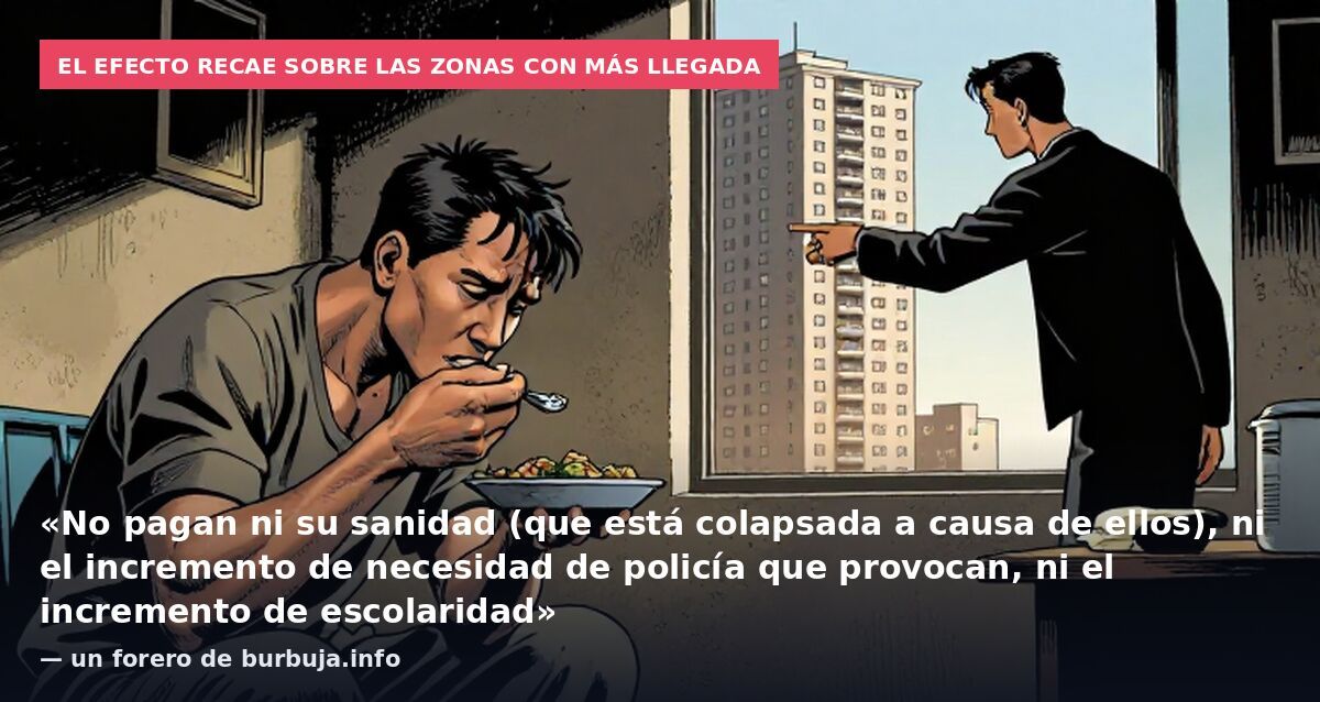 El efecto recae sobre las zonas con más llegada: «No pagan ni su sanidad (que está colapsada a causa de ellos), ni el incremento de necesidad de policía que provocan, ni el incremento de escolaridad» — un forero de burbuja.info