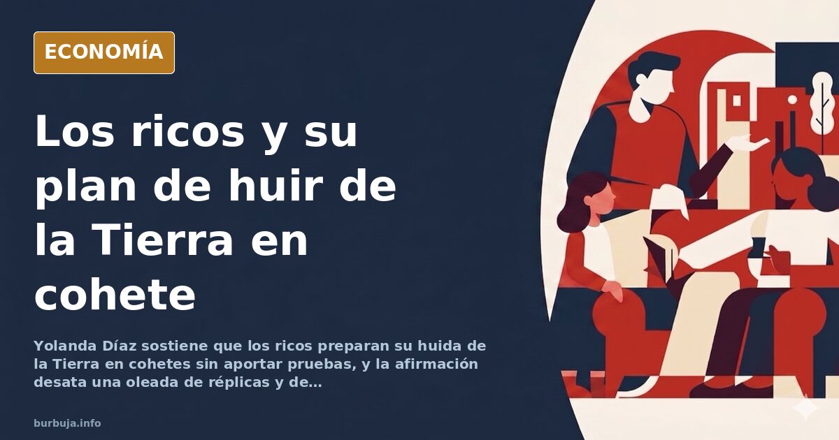 Cohete privado despegando junto a una mansión fortaleza, ilustración sobre las declaraciones de Yolanda Díaz sobre los ricos