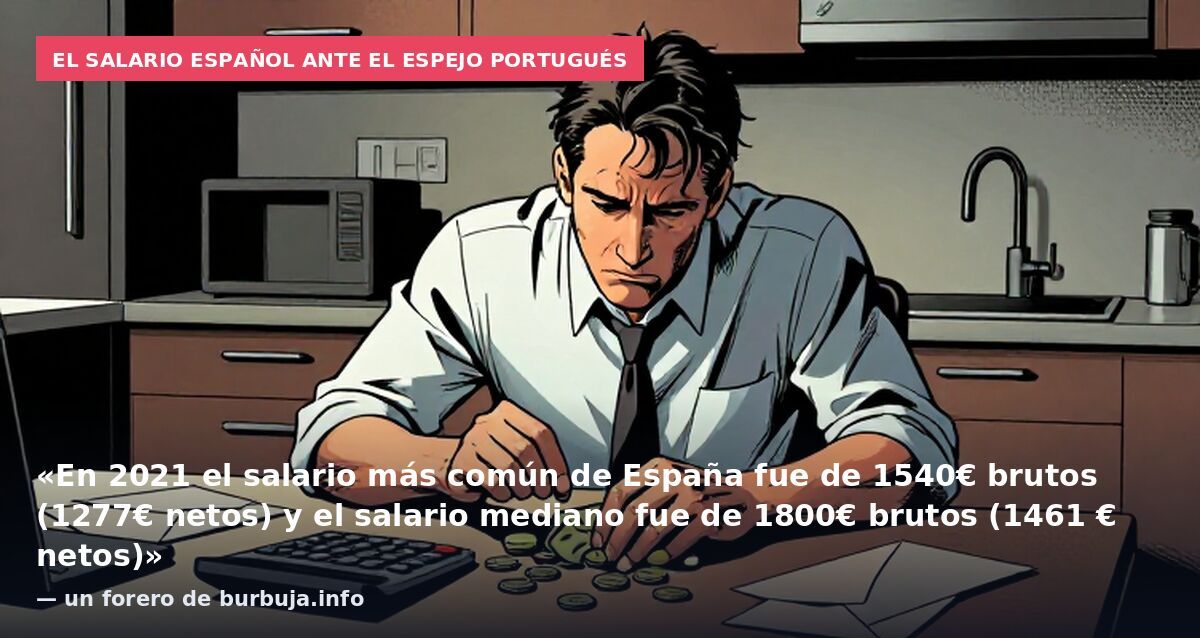 El salario español ante el espejo portugués: «En 2021 el salario más común de España fue de 1540€ brutos (1277€ netos) y el salario mediano fue de 1800€ brutos (1461 € netos)» — un forero de burbuja.info