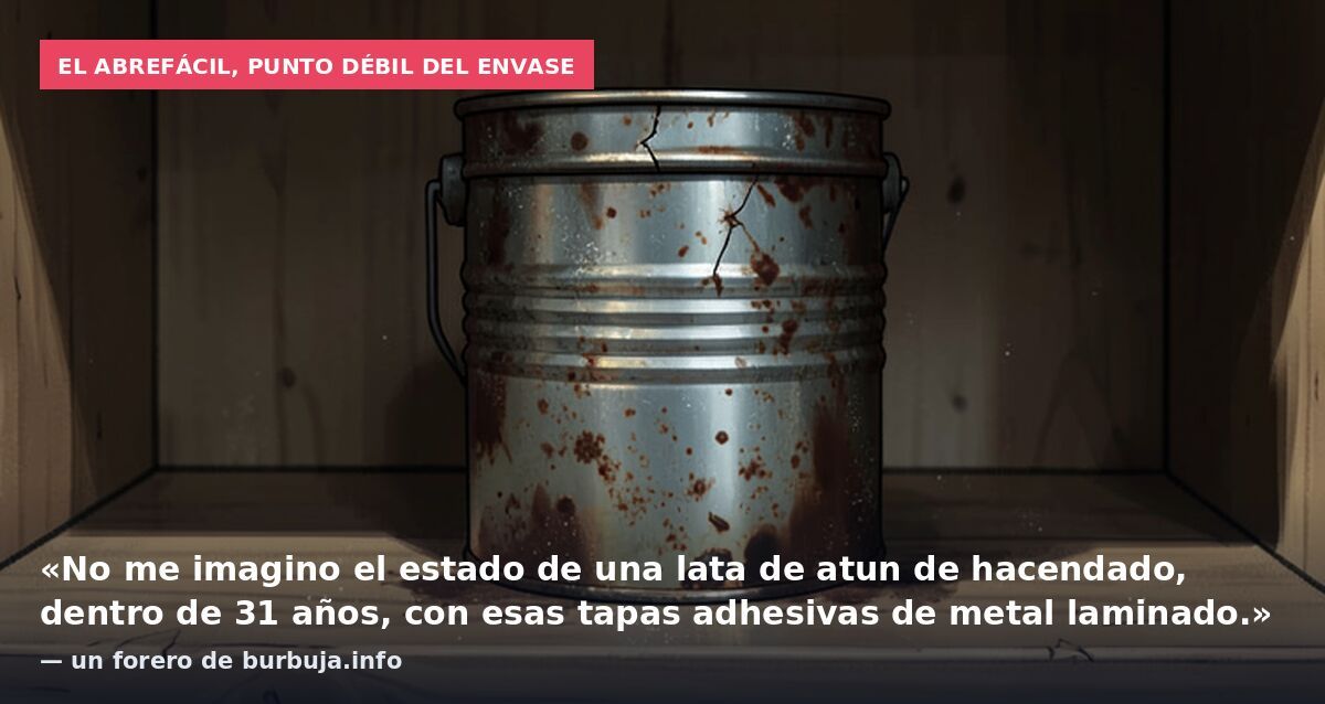 El abrefácil, punto débil del envase: «No me imagino el estado de una lata de atun de hacendado, dentro de 31 años, con esas tapas adhesivas de metal laminado.» — un forero de burbuja.info