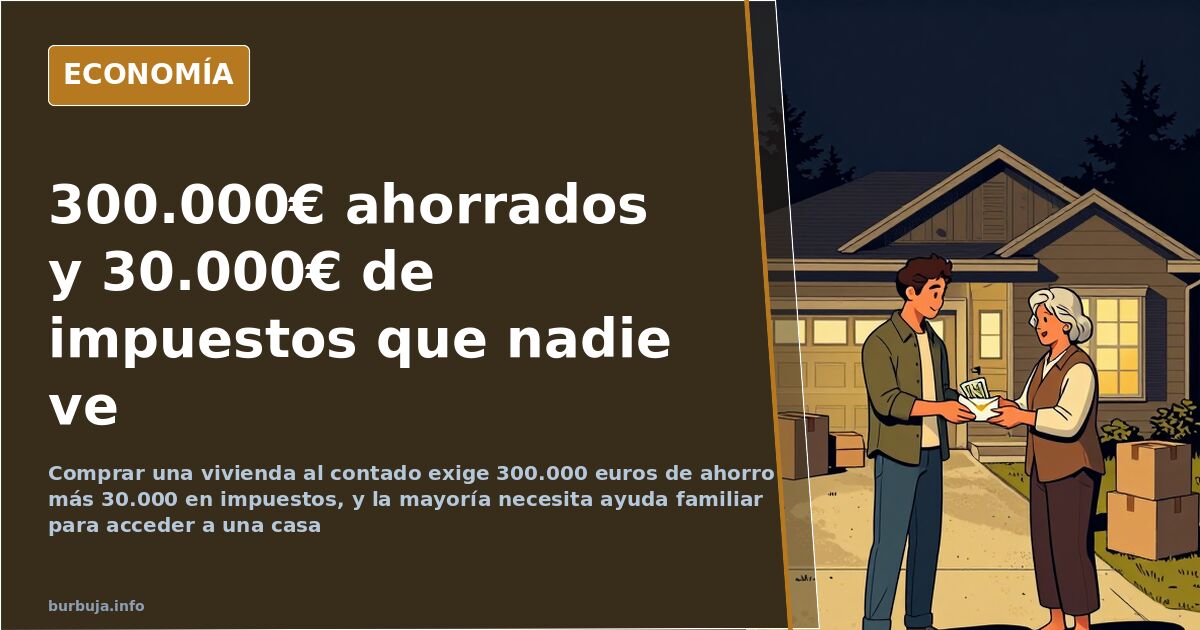 Ilustración editorial de una casa y montones de billetes junto a recibos de impuestos, símbolo del ahorro para comprar vivien