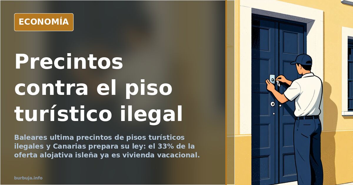 Ilustración editorial de un edificio isleño con precintos en las puertas y una llave dorada sobre fondo azul marino