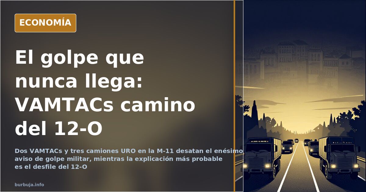 Ilustración editorial de vehículos militares VAMTAC y camiones URO en una autopista urbana al amanecer, en pleno ruido de sab