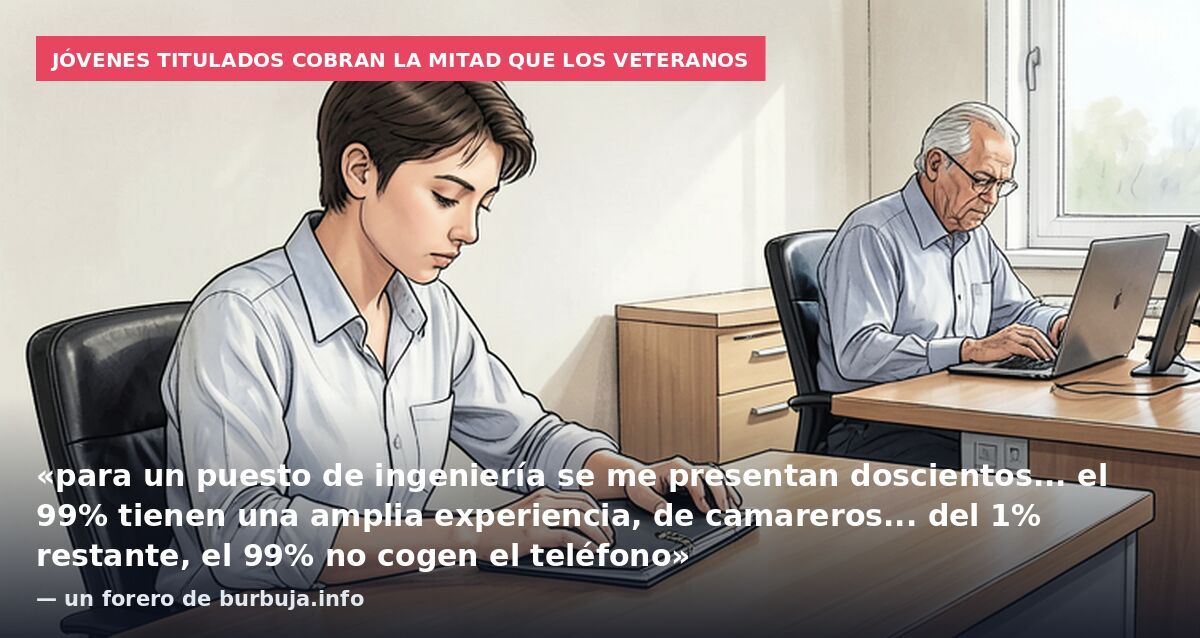 Jóvenes titulados cobran la mitad que los veteranos: «para un puesto de ingeniería se me presentan doscientos... el 99% tienen una amplia experiencia, de camareros... del 1% restante, el 99% no cogen el teléfono» — un forero de burbuja.info