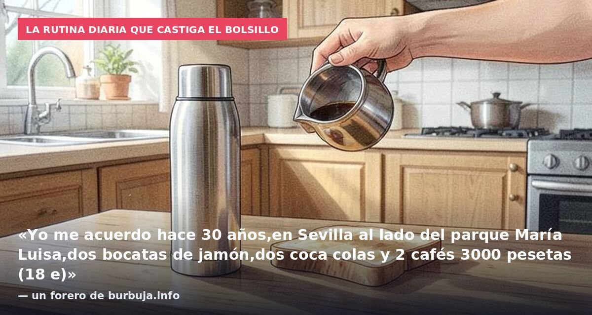 La rutina diaria que castiga el bolsillo: «Yo me acuerdo hace 30 años,en Sevilla al lado del parque María Luisa,dos bocatas de jamón,dos coca colas y 2 cafés 3000 pesetas (18 e)» — un forero de burbuja.info