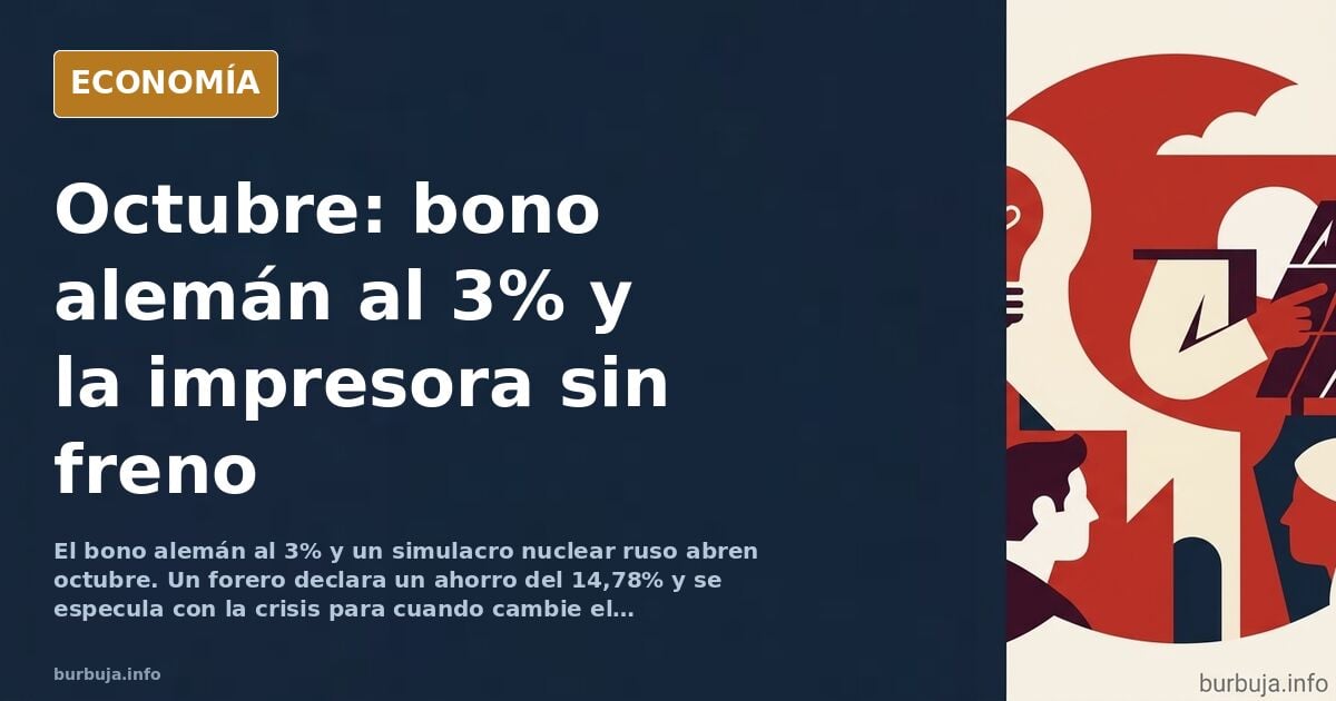 Ilustración editorial de un calendario de octubre con un bono alemán al 3% y una impresora de billetes en marcha