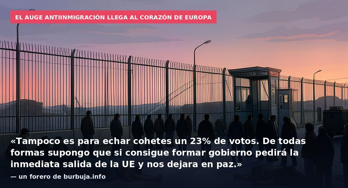 El auge antiinmigración llega al corazón de Europa: «Tampoco es para echar cohetes un 23% de votos. De todas formas supongo que si consigue formar gobierno pedirá la inmediata salida de la UE y nos dejara en paz.» — un forero de burbuja.info