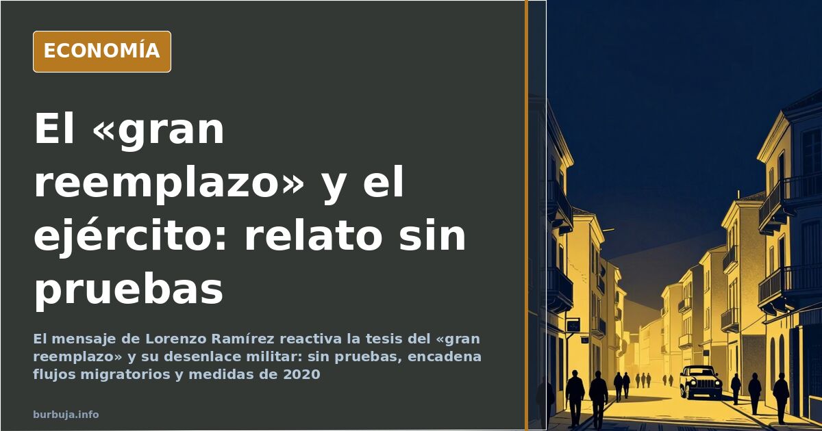 Ilustración editorial en azul marino y dorado con siluetas de viandantes y un vehículo militar al fondo de una calle europea