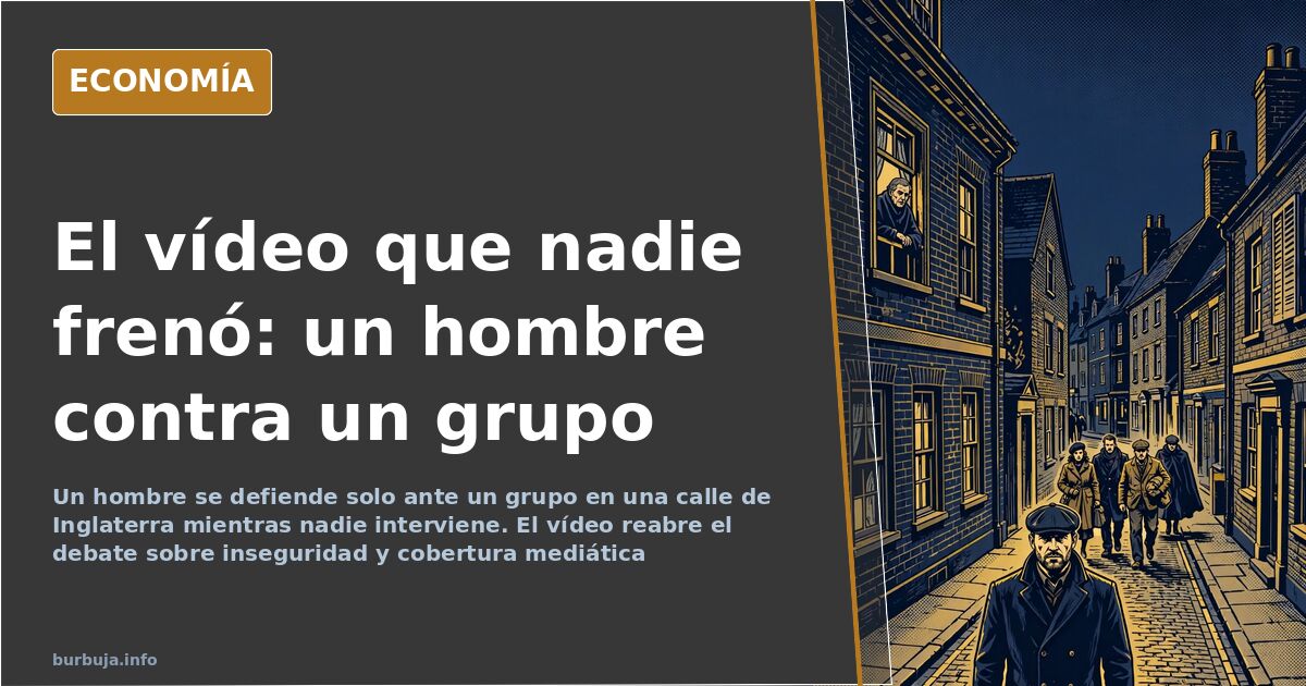 Escena de un altercado callejero en Inglaterra donde un hombre se defiende de un grupo mientras los transeúntes observan sin 