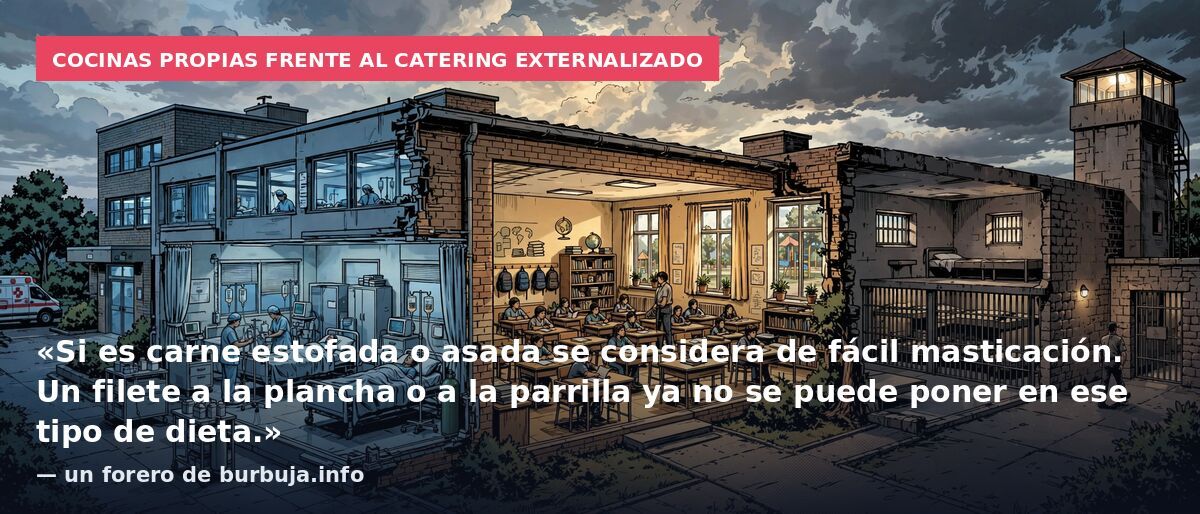 Cocinas propias frente al catering externalizado: «Si es carne estofada o asada se considera de fácil masticación. Un filete a la plancha o a la parrilla ya no se puede poner en ese tipo de dieta.» — un forero de burbuja.info