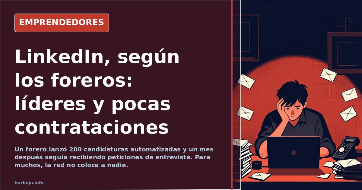 Pantalla de portátil con un perfil de LinkedIn: foto de traje, titular de experto en liderazgo y ofertas de empleo abiertas e