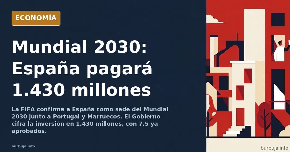 Ilustración editorial de un estadio de fútbol con seis banderas ondeando y una calculadora sobre el terreno de juego