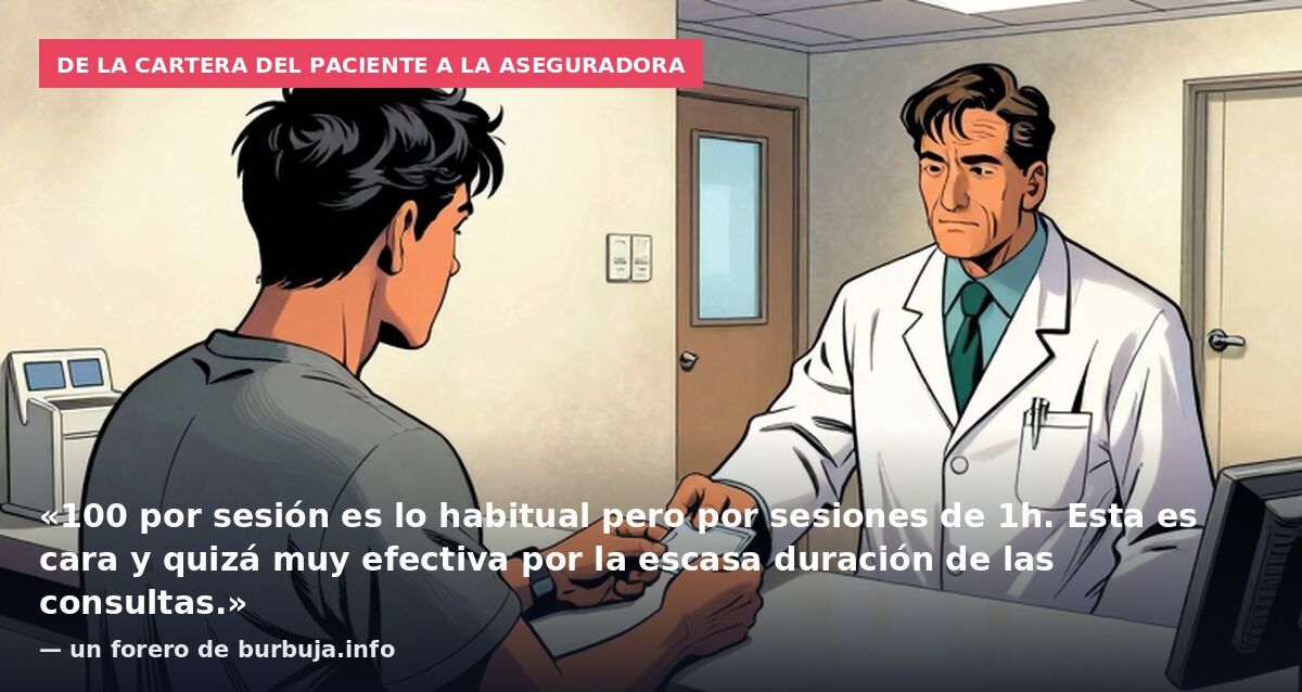 De la cartera del paciente a la aseguradora: «100 por sesión es lo habitual pero por sesiones de 1h. Esta es cara y quizá muy efectiva por la escasa duración de las consultas.» — un forero de burbuja.info