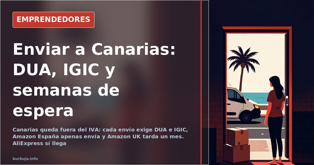 Paquetes apilados junto a formularios de DUA e IGIC en una oficina de aduanas para enviar a Canarias