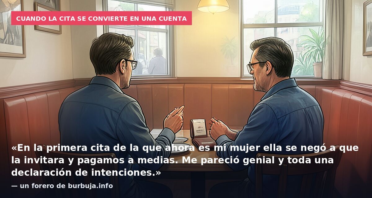 Cuando la cita se convierte en una cuenta: «En la primera cita de la que ahora es mi mujer ella se negó a que la invitara y pagamos a medias. Me pareció genial y toda una declaración de intenciones.» — un forero de burbuja.info