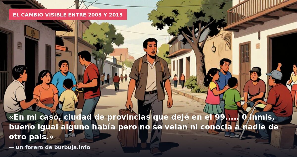 El cambio visible entre 2003 y 2013: «En mi caso, ciudad de provincias que dejé en el 99..... 0 inmis, bueno igual alguno había pero no se veian ni conocia a nadie de otro pais.» — un forero de burbuja.info