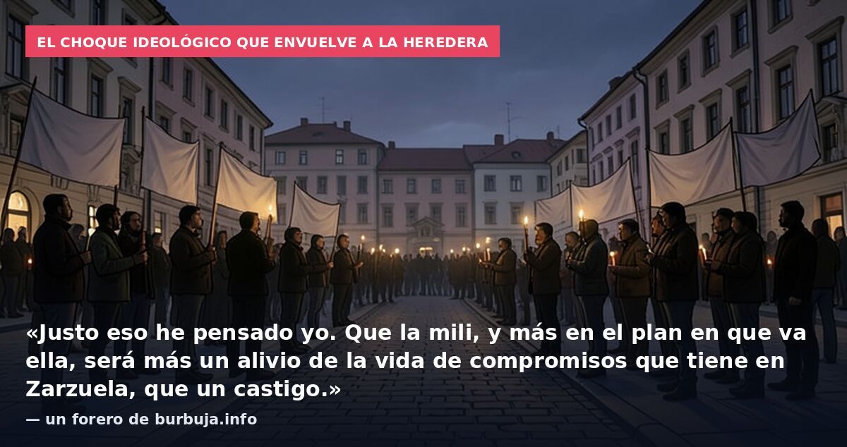 El choque ideológico que envuelve a la heredera: «Justo eso he pensado yo. Que la mili, y más en el plan en que va ella, será más un alivio de la vida de compromisos que tiene en Zarzuela, que un castigo.» — un forero de burbuja.info