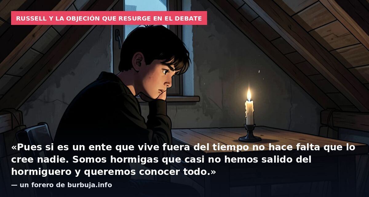 Russell y la objeción que resurge en el debate: «Pues si es un ente que vive fuera del tiempo no hace falta que lo cree nadie. Somos hormigas que casi no hemos salido del hormiguero y queremos conocer todo.» — un forero de burbuja.info