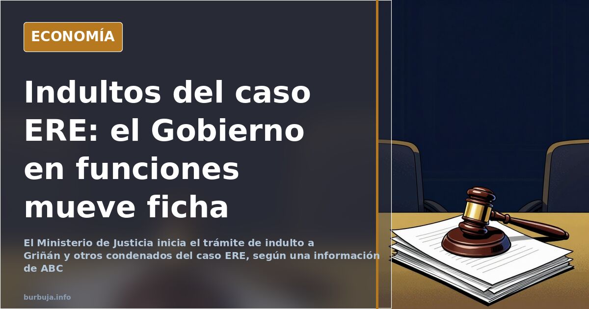 Ilustración editorial en azul marino y dorado de una balanza de la justicia inclinada sobre un expediente de indulto del caso