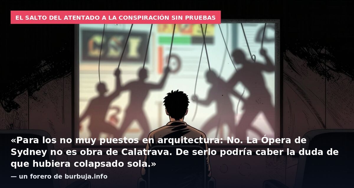 El salto del atentado a la conspiración sin pruebas: «Para los no muy puestos en arquitectura: No. La Ópera de Sydney no es obra de Calatrava. De serlo podría caber la duda de que hubiera colapsado sola.» — un forero de burbuja.info