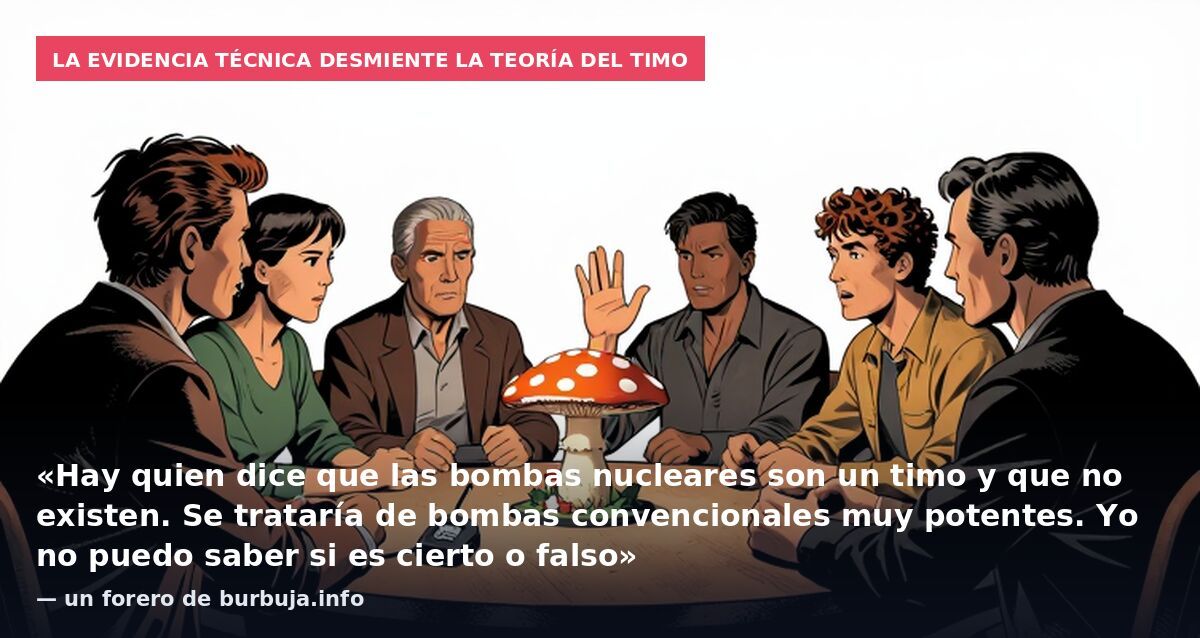 La evidencia técnica desmiente la teoría del timo: «Hay quien dice que las bombas nucleares son un timo y que no existen. Se trataría de bombas convencionales muy potentes. Yo no puedo saber si es cierto o falso» — un forero de burbuja.info
