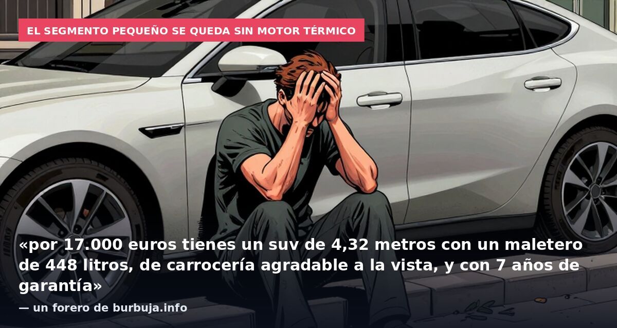 El segmento pequeño se queda sin motor térmico: «por 17.000 euros tienes un suv de 4,32 metros con un maletero de 448 litros, de carrocería agradable a la vista, y con 7 años de garantía» — un forero de burbuja.info