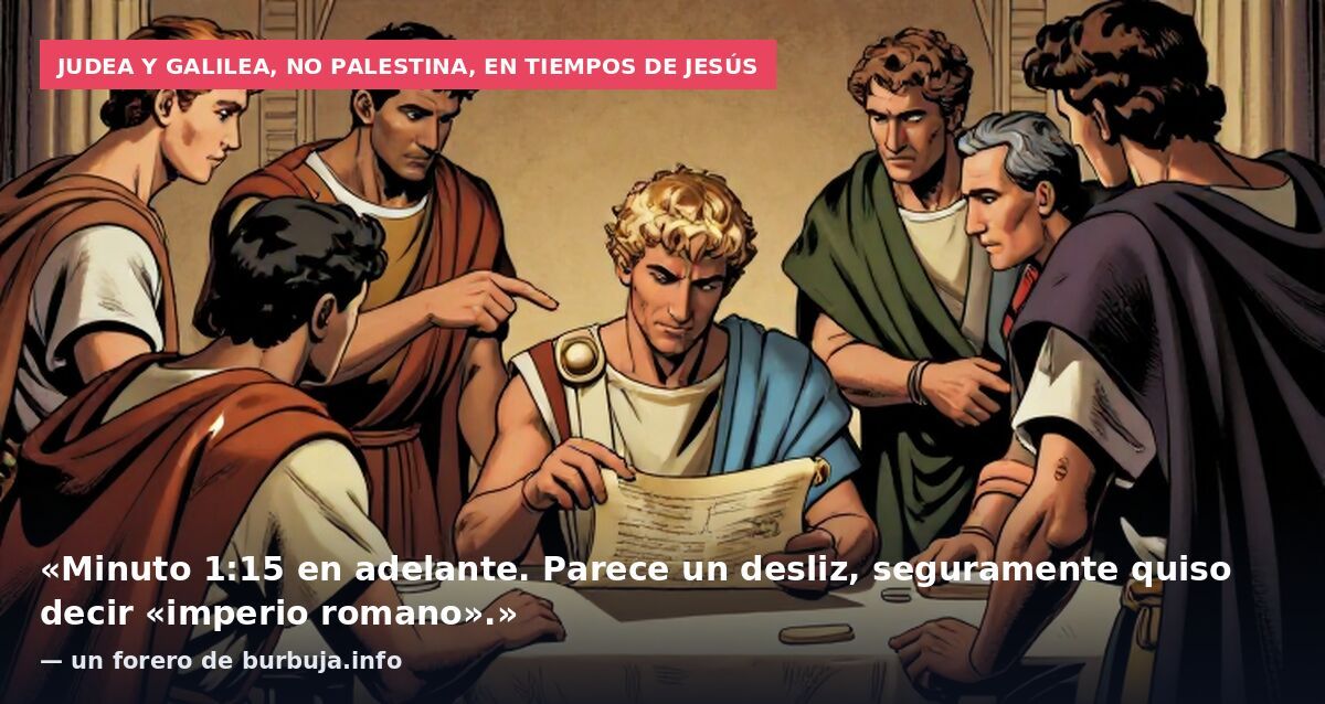 Judea y Galilea, no Palestina, en tiempos de Jesús: «Minuto 1:15 en adelante. Parece un desliz, seguramente quiso decir «imperio romano».» — un forero de burbuja.info