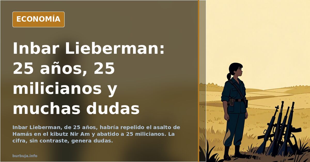 Ilustración editorial de una joven con equipo de seguridad comunitaria frente a un kibutz, asociada a Inbar Lieberman