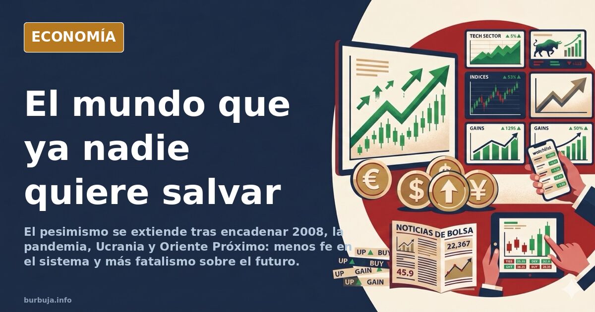 Ilustración editorial de una multitud de espaldas ante pantallas apagadas y un horizonte de crisis económica