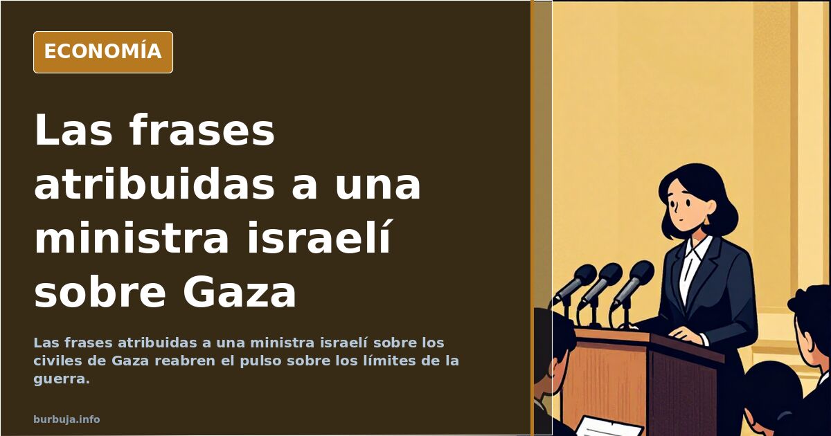 Ilustración editorial de una ministra israelí en un atril ante el mapa de Gaza, en azul marino y dorado