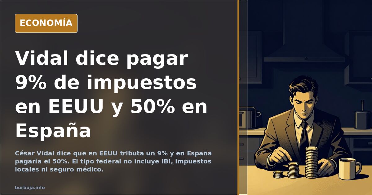 Imagen editorial de una balanza fiscal comparando el 9% de impuestos que Vidal dice pagar en Estados Unidos con el 50% en Esp