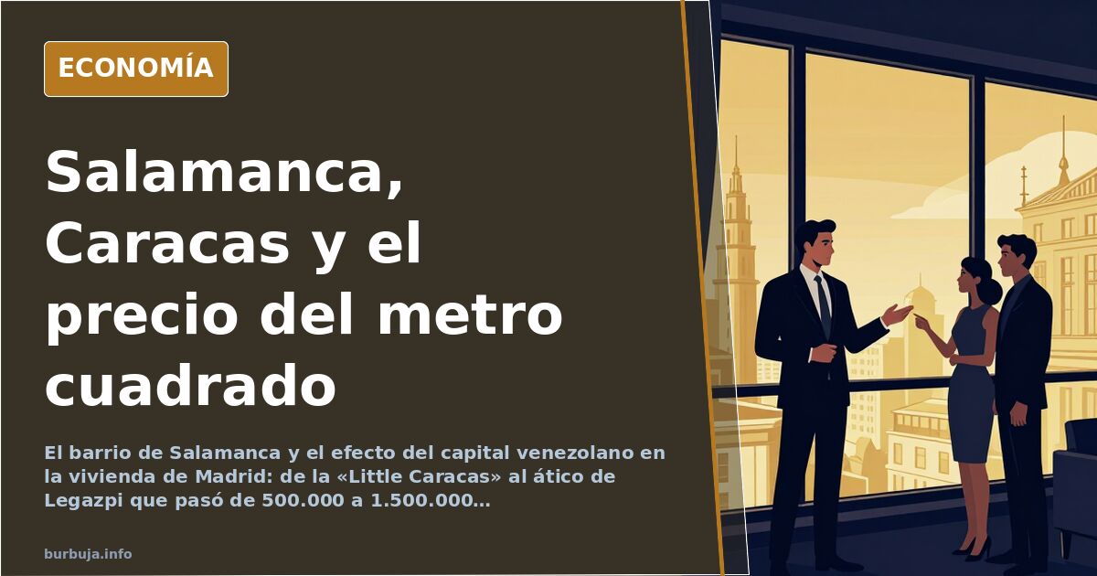 Fachada de ladrillo clásico del barrio de Salamanca en Madrid junto a una grúa de obra, con el precio de la vivienda venezola
