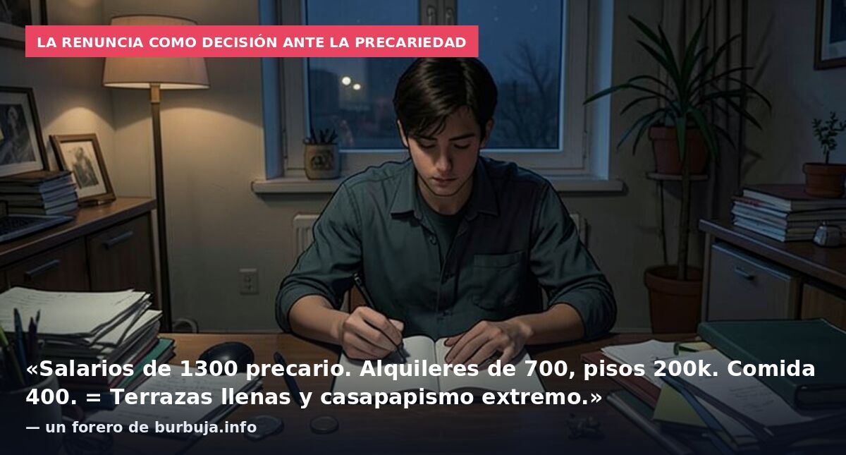 La renuncia como decisión ante la precariedad: «Salarios de 1300 precario. Alquileres de 700, pisos 200k. Comida 400. = Terrazas llenas y casapapismo extremo.» — un forero de burbuja.info