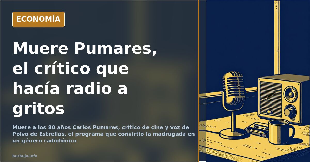 Micrófono de radio nocturna y carrete de cine sobre fondo azul oscuro, homenaje al crítico Carlos Pumares