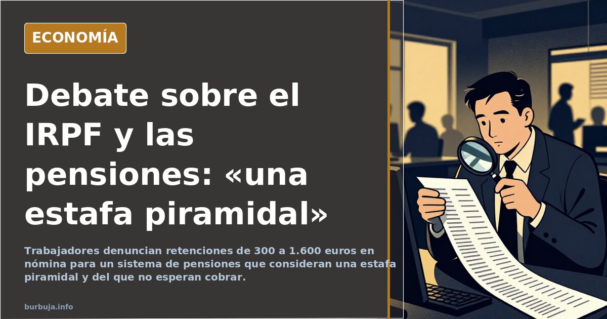 Ilustración editorial de una nómina española con la retención de IRPF destacada y una hucha de pensiones vacía