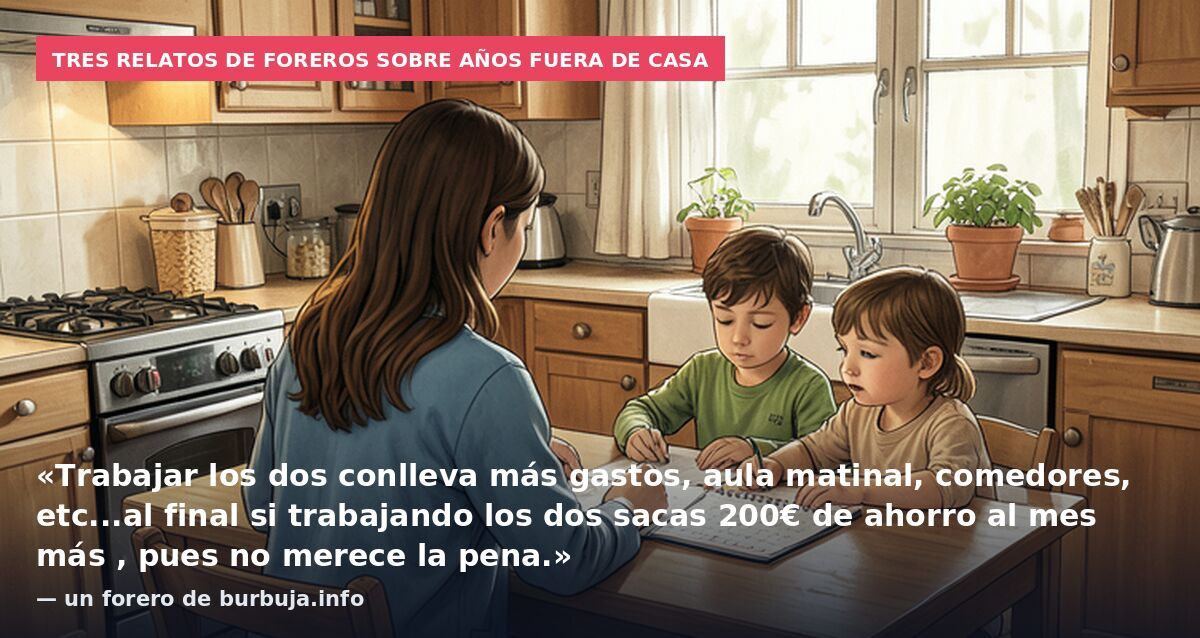 Tres relatos de foreros sobre años fuera de casa: «Trabajar los dos conlleva más gastos, aula matinal, comedores, etc...al final si trabajando los dos sacas 200€ de ahorro al mes más , pues no merece la pena.» — un forero de burbuja.info