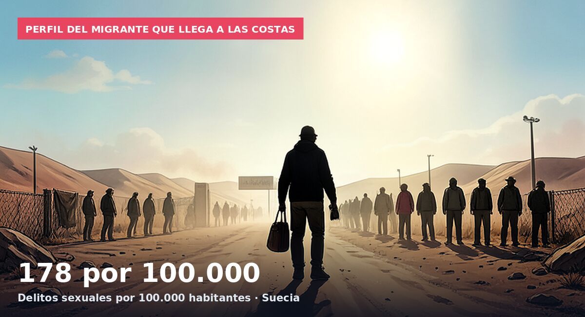 Perfil del migrante que llega a las costas: 178 por 100.000  Delitos sexuales por 100.000 habitantes · Suecia