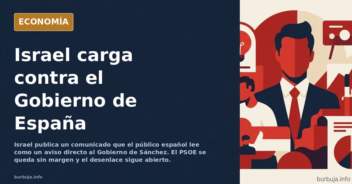 Ilustración editorial de un comunicado diplomático israelí sobre España con banderas y un edificio oficial al fondo