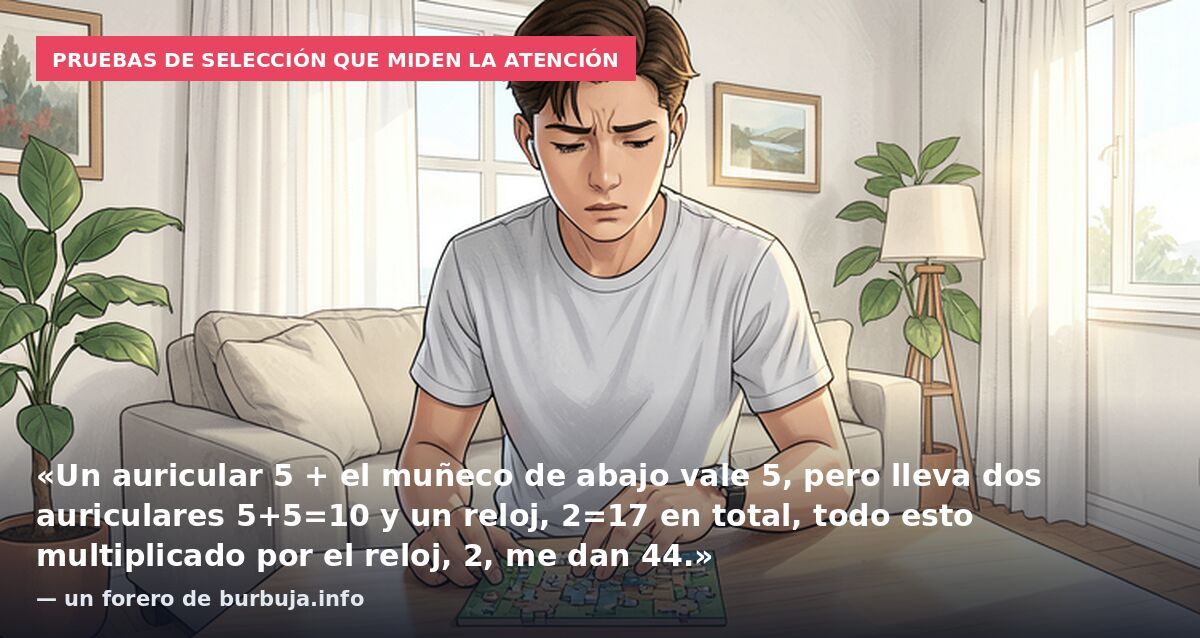 Pruebas de selección que miden la atención: «Un auricular 5 + el muñeco de abajo vale 5, pero lleva dos auriculares 5+5=10 y un reloj, 2=17 en total, todo esto multiplicado por el reloj, 2, me dan 44.» — un forero de burbuja.info