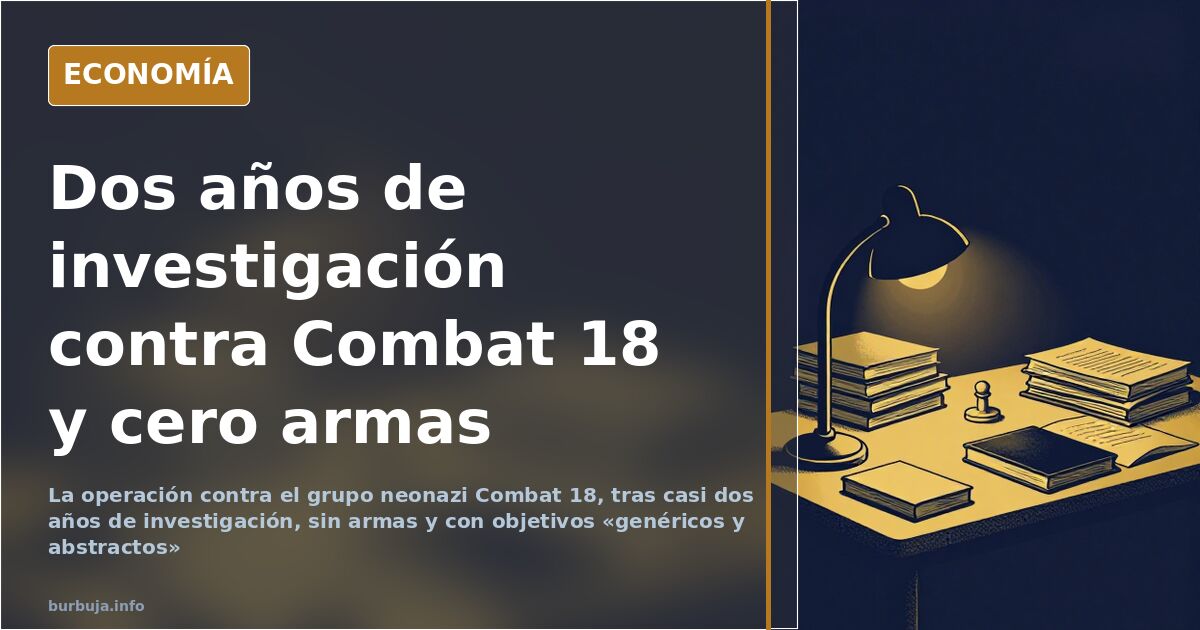 Ilustración editorial de expedientes apilados y un sello judicial sobre el operativo contra el grupo neonazi Combat 18 en Esp
