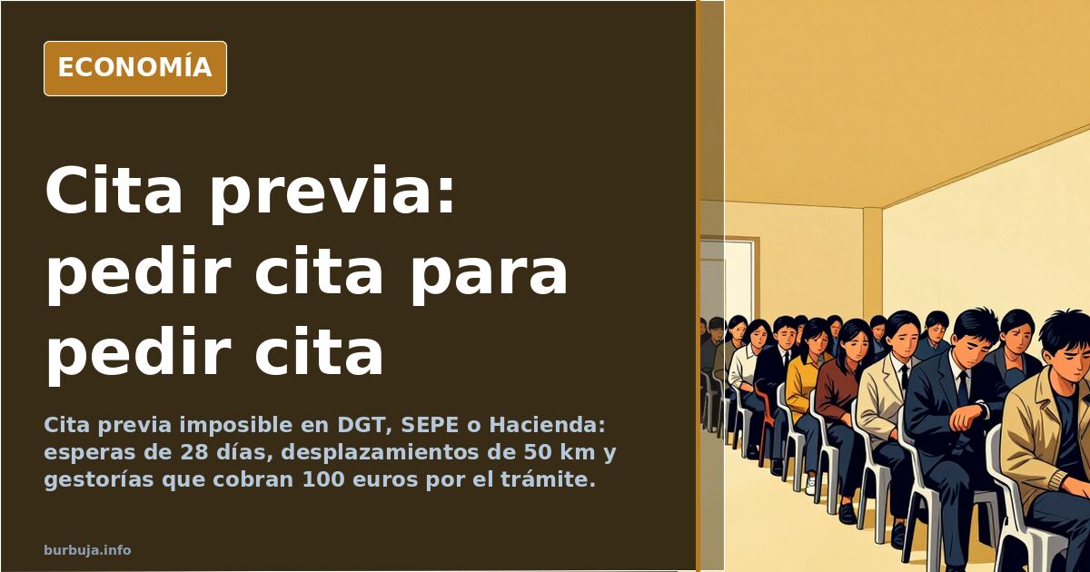 Ilustración editorial de una ventanilla de administración pública con un cartel de cita previa y una cola vacía frente al mos